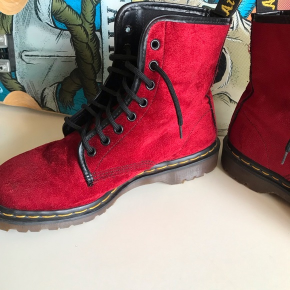 Dr. Martens Red  Velvet Lace-Up Boots - Picture 5 of 16